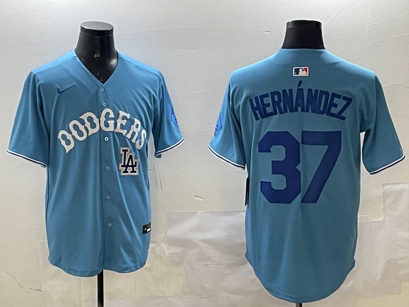 Men Los Angeles Dodgers 37 Hernandez Light Blue Joint Name 2025 Nike MLB Jersey style 12
